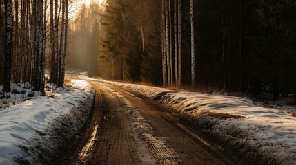 Obraz premium Snowy dirt road illuminated by sunlight in a winter forest 