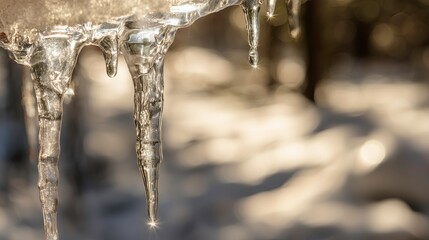 Icicles hanging from a branch with blurred winter background  