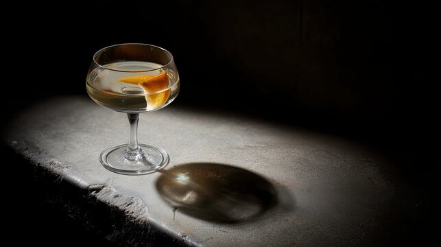 Cocktail glass with orange twist on a dark stone surface  