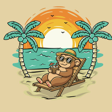Cute monkey relaxing on a beach chair with a coconut drink.