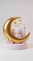 3D Ramadan Decorative Crescent Scene with Mosque and Hanging Lanterns