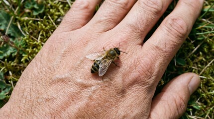 Macro of a Honeybee Resting on a Human Hand with Translucent Wings and Detailed Compound Eyes