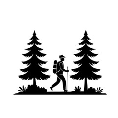 Silhouette of a hiker with a backpack and trekking pole walking through a forest with pine trees