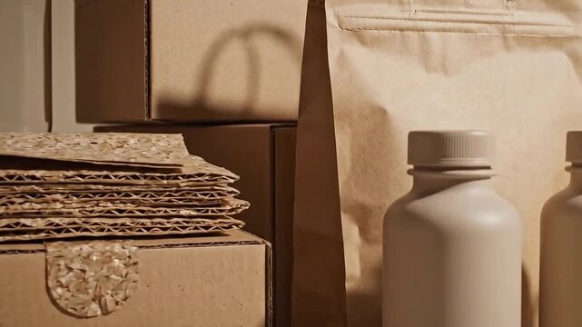 Eco-friendly packaging materials including cardboard boxes and paper bags on display with reusable bottles