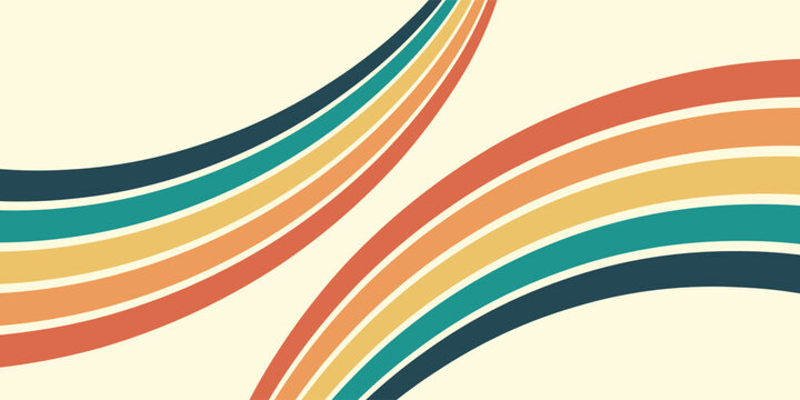 Abstract colorful 70s background vector. Vintage retro wallpaper with rainbow stripes and wavy lines.