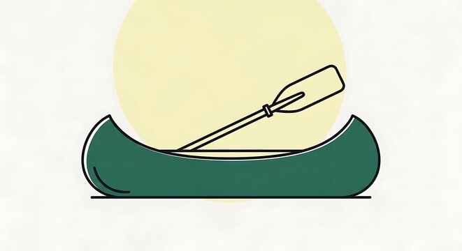 Minimalist green canoe with a paddle on a pale yellow background