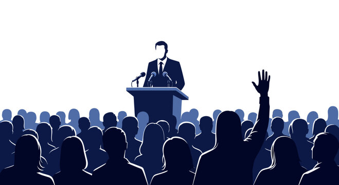 Man giving a speech to a crowd of people at a conference or meeting.