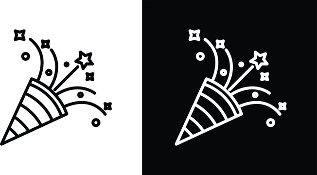 Confetti party popper icon pack in black and white colors
