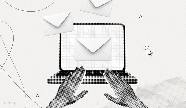 Trendy Halftone Collage Email Communication and Digital Marketing concept. Hands typing letter on computer laptop. Close envelope with document. Digital files. Contemporary vector illustration art