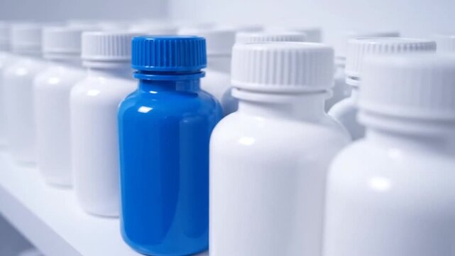 A video showcases numerous white plastic bottles arranged in neat rows. A single bright blue bottle prominently stands out, highlighting its uniqueness among the identical containers, emphasizing ind