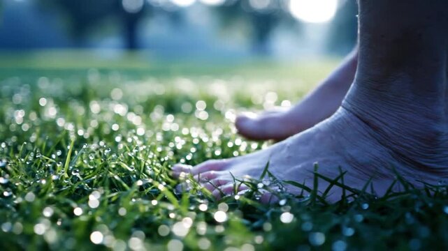 Bare Feet Walking on Wet Grassy Lawn.
