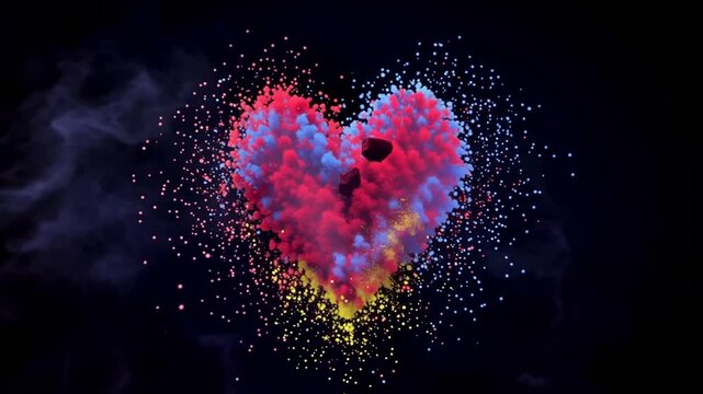 Colorful heart-shaped particle explosion on dark background with smoke
