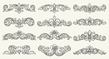 Collection of Elegant Black and White Floral Ornaments and Decorative Elements. © Abhinaya Project