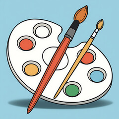 Paint Brushes and Palette with Paints on Blue Background colors painting isolated on a transparent background