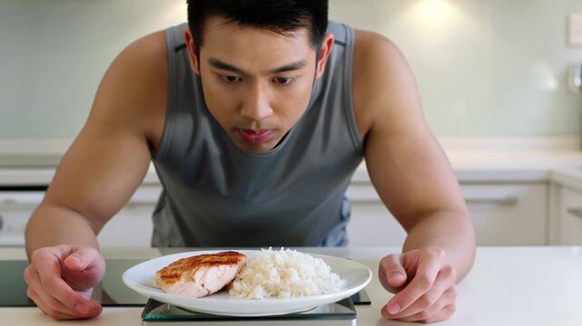 Asian man weighing a plate of salmon and rice in a kitchen for portion control and healthy eating