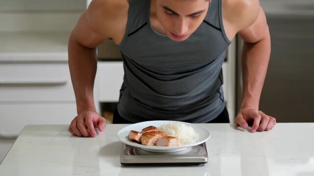 Man holding and placing a plate of chicken and rice on a digital kitchen scale for precise portion control and fitness meal preparation.