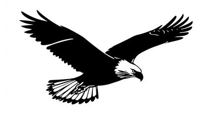 Fototapeta premium Majestic bald eagle soaring freely against a white background with wings fully spread.