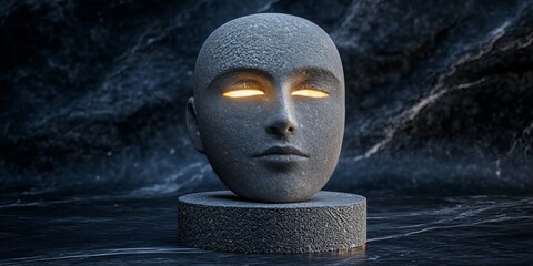 Serene Stone Human Head Statue on Pedestal with Gleaming Eyes Against Abstract Marble Background