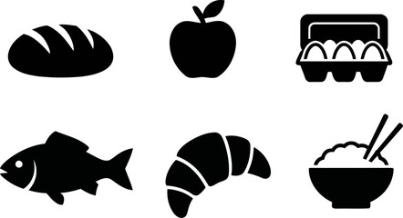 Food icons including bread, apple, eggs, fish, croissant, and rice bowl