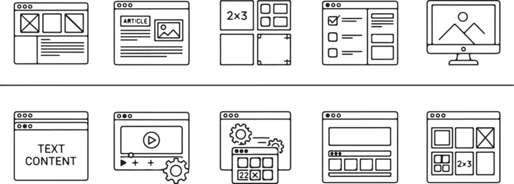 Set of website page layout and interface wireframe icons. different types of web content in thin line style