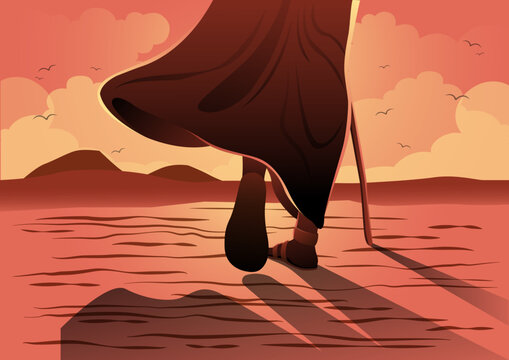 Biblical Illustration of Jesus Christ Walking in the Desert Wilderness at Sunset
