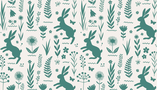 Boho easter rabbit and floral pattern vector illustration for spring decor and greeting cards
