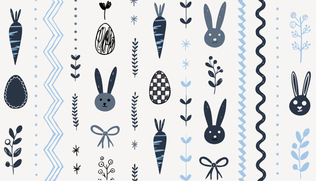 Easter icons and bows in minimal blue gray flat vector style for holiday decoration and design