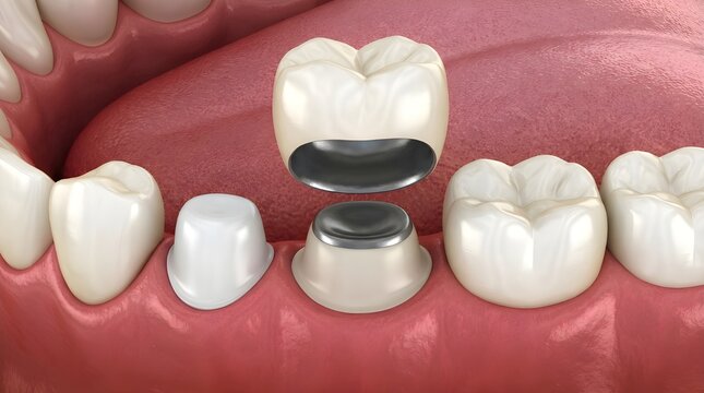 Dental Crown Procedure 3D Illustration with Porcelain Fused Metal