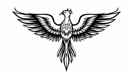Obraz premium Detailed black and white illustration of a majestic phoenix bird in flight