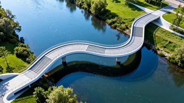 Curved modern bridge over river