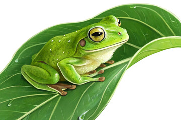 Fototapeta premium Green tree frog resting on a glossy tropical leaf with water droplets, close-up, natural light, vivid detail on Transparent Background.