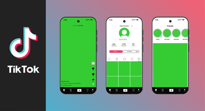 TikTok mockup template with mobile screen layout and TikTok logos on transparent background for short-form content presentation, tik tok logo, icon, stock vector 