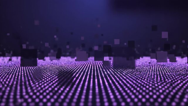 Abstract Digital Grid with Glowing Purple Cubes and Lines