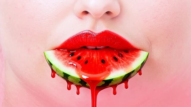 Lips holding watermelon slice with juice dripping
