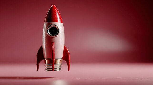 Minimal Red Rocket Launch Concept on Pastel Background 3D Render