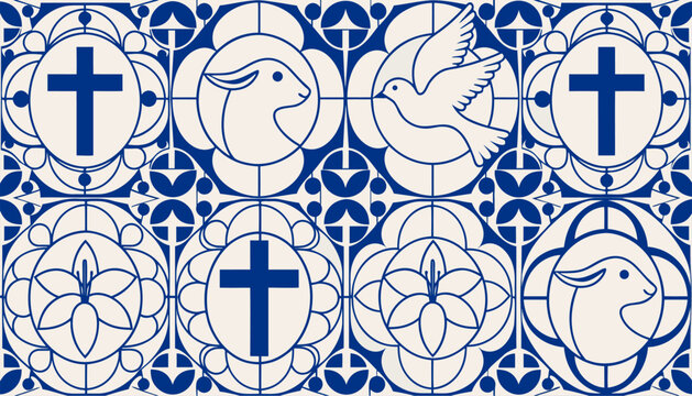 Scandinavian easter church window pattern with crosses doves lambs and floral designs in blue and white hues for easter or religious themes