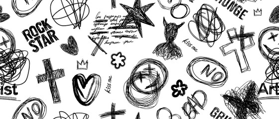 Doodle scribble seamless pattern, hand drawn rock grunge decoration background black ink textile art. Ball pen scratch kids texture, punk line design print, cross heart. Scribble decorative pattern © Oleksandra