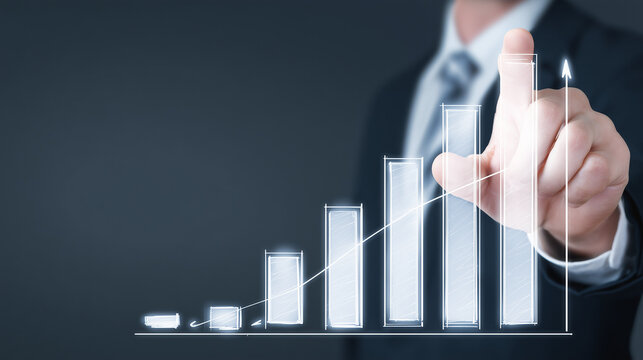 Profissional tocando gr&aacute;fico de barras ascendente, representando crescimento empresarial, gest&atilde;o de desempenho, metas, produtividade, lucro e evolu&ccedil;&atilde;o dos resultados.