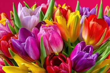 Obraz premium Vibrant bouquet of colorful tulips in red, pink and yellow tones, symbolizing spring freshness and floral beauty