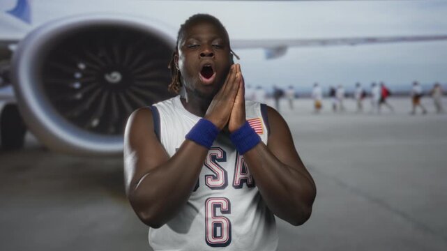 Man presses hands together beside cheek in sleeping gesture on airport tarmac by jet engine wearing sleeveless usa basketball jersey; travel fatigue.