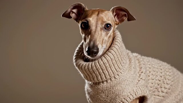 Graceful sleek Italian Greyhound dog wearing a cozy beige knit turtleneck sweater posing in studio