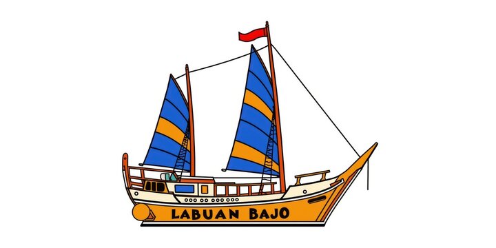Vintage illustration of a traditional two-masted sailing ship named labuan bajo