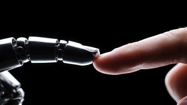 A compelling video depicts a human finger cautiously approaching, gently touching, then slowly separating from a metallic robotic finger against a dark backdrop. It illustrates the delicate, evolving