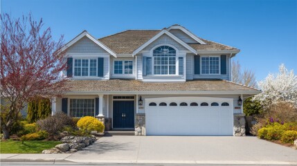 Fototapeta premium Residential house exterior modern two story home with driveway and landscaping