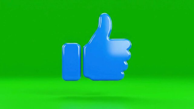 A glossy, vibrant blue three dimensional thumbs up icon rendered against a solid bright green screen background signifying approval.