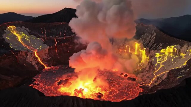 Spectacular view of an active volcano erupting with glowing molten lava spewing immense smoke plumes at twilight.