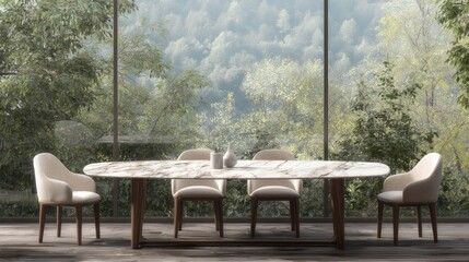 Fototapeta premium Elegant dining room interior with large windows and a marble table