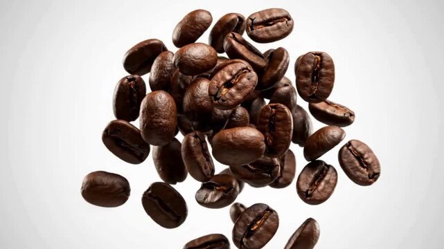 A collection of rich, dark roasted coffee beans captured mid-air against a bright, clean studio background for advertising and design.