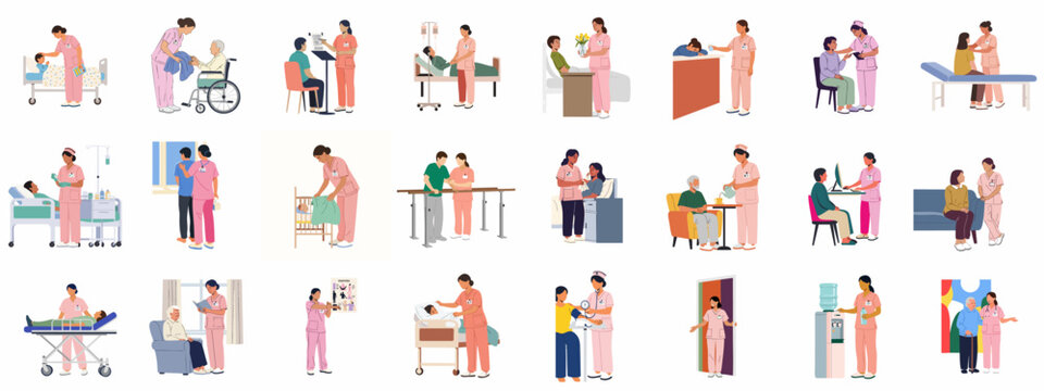 Compassionate nurses provide diverse healthcare services: assisting children, adults, and elderly patients in hospitals, clinics, and home care settings.