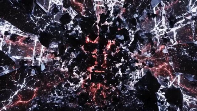 Silhouetted mysterious human head figure emerges dramatically through shattered black shards with glowing energy effects